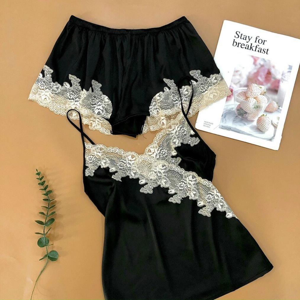 Váy Ngủ Cao Cấp Lụa Quảng Châu 2 Dây Đùi Có Ren Quyễn Rũ