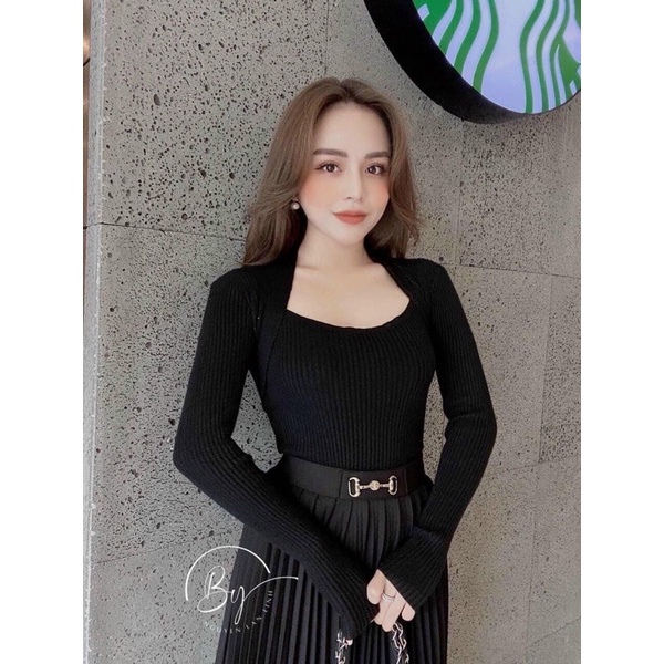 Áo len cổ vuông C502, áo len tay dài hàng Quảng Châu free size cho nữ