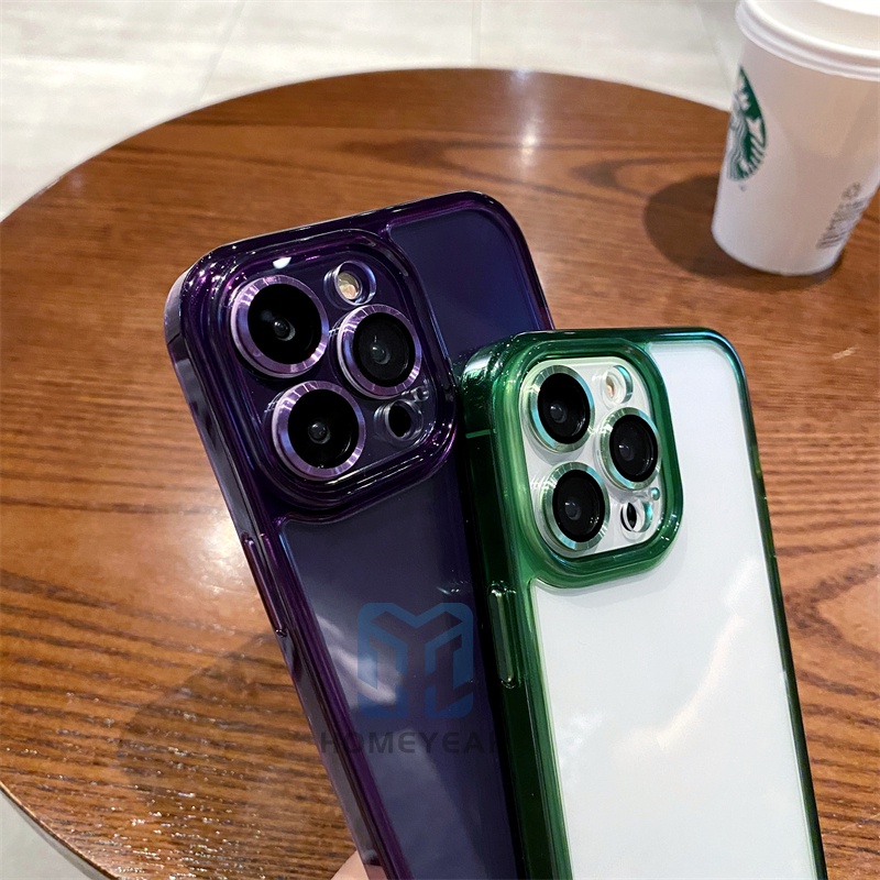 Ốp Điện Thoại Cứng Trong Suốt Màu Tím Đậm Có Miếng Dán Bảo Vệ lens Cho iPhone 13 12 11 Pro Max