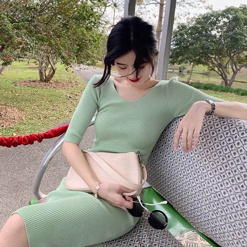 IELGY   Đầm Dệt Kim Mỏng Cổ Chữ v Màu Xanh Lá Thời Trang Cho Nữ