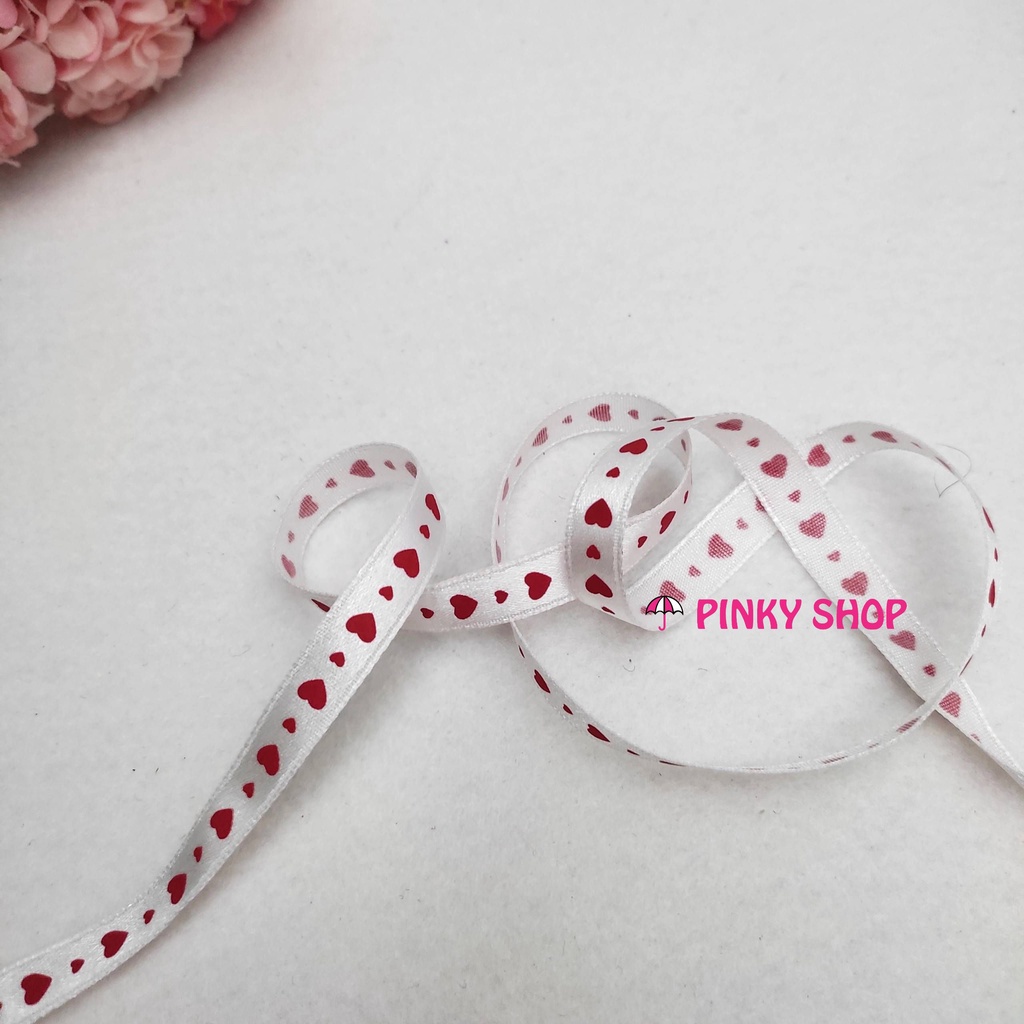 Dây ruy băng trái tim lụa, gân in hình [1 mét, 1cm] dùng trang trí bó hoa DIY, handmade, nơ, gói quà Pinky Shop mã DRBT1