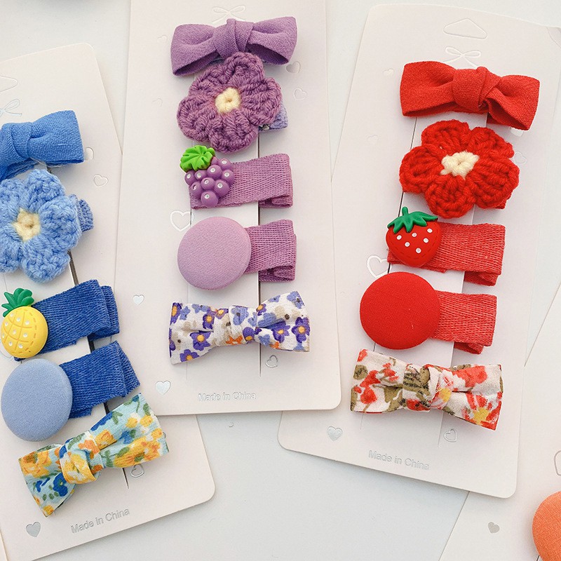 Set 5 kẹp tóc dệt kim họa tiết hoa hoạt hình dễ thương cho bé gái