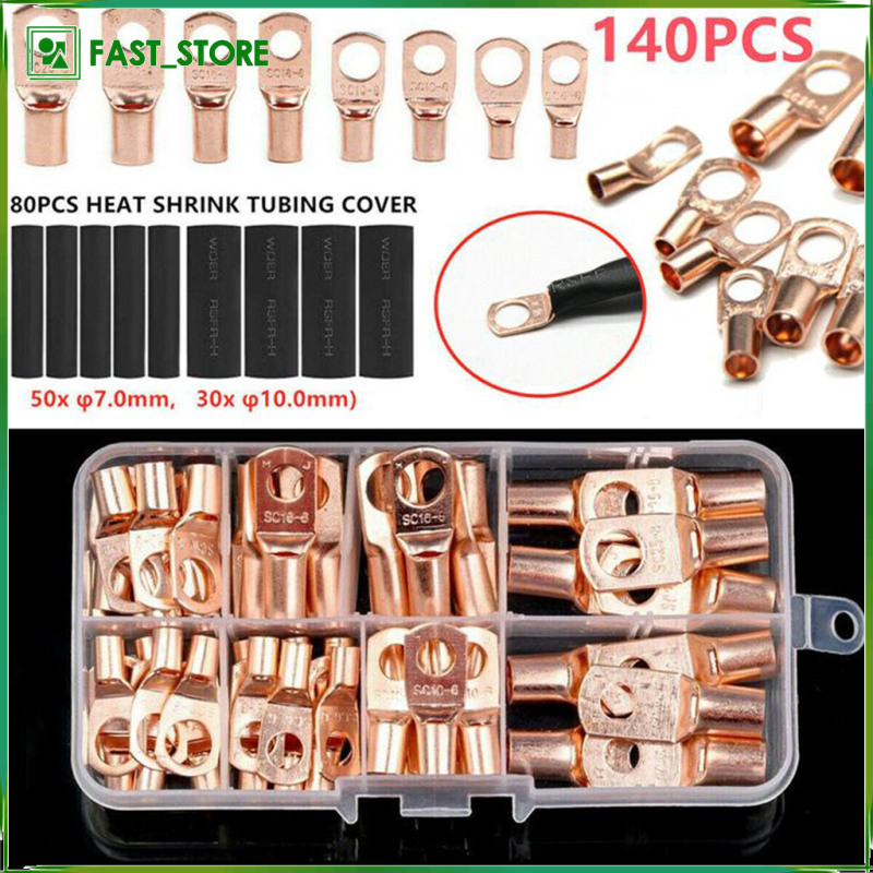 140PCS Assortment Copper Lug Ring Car Battery Terminals Electrical Wire Crimp Connector with Cover Automotive Kits