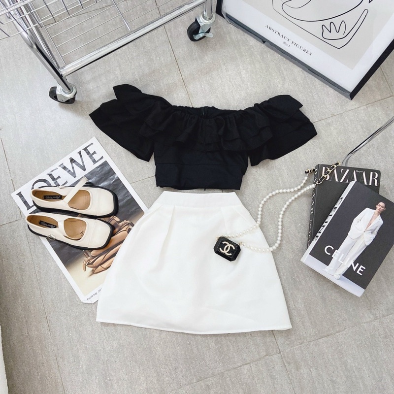 SET ÁO ĐEN BÈO BẸT + CHÂN VÁY TRẮNG MS372