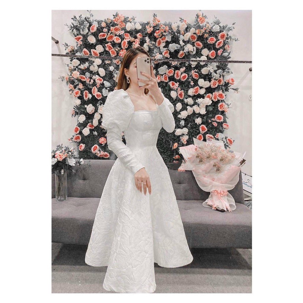 Đầm Gấm Tay dài Phồng Xòe dự tiệc đầm trắng bigsize giá rẻ size lớn lady WLI