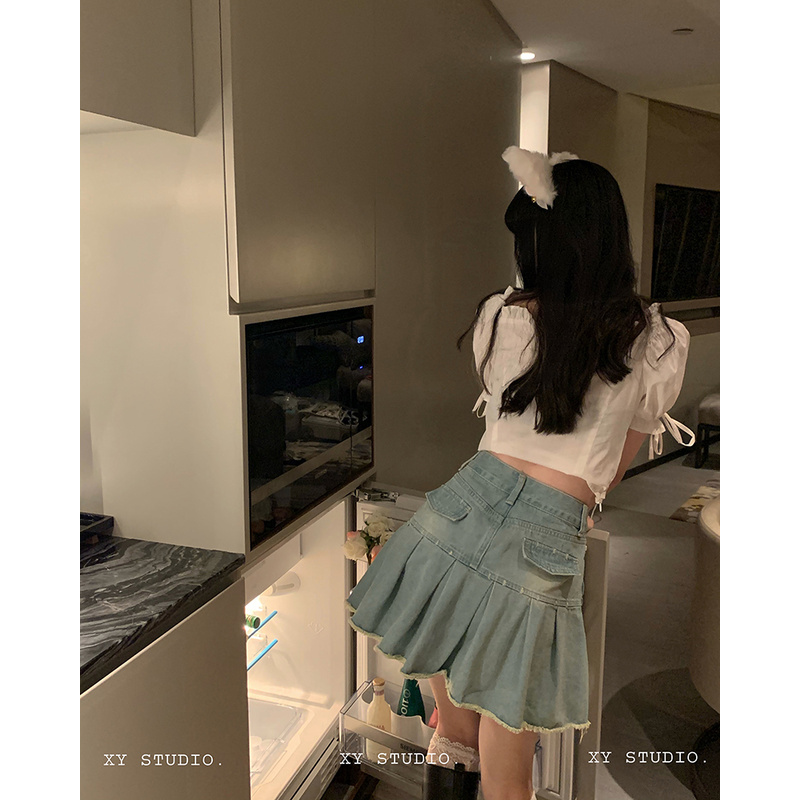 chân váy jean Ngắn Lưng Cao Xếp Ly Thời Trang Hàn Quốc Quyến Rũ Cho Nữ | BigBuy360 - bigbuy360.vn