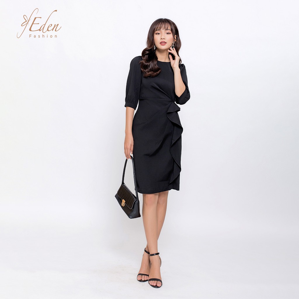 Đầm công sở nữ thiết kế thời trang Eden dạng váy ôm body tay lỡ phối bèo ở eo cổ tròn duyên dáng sang trọng - D400