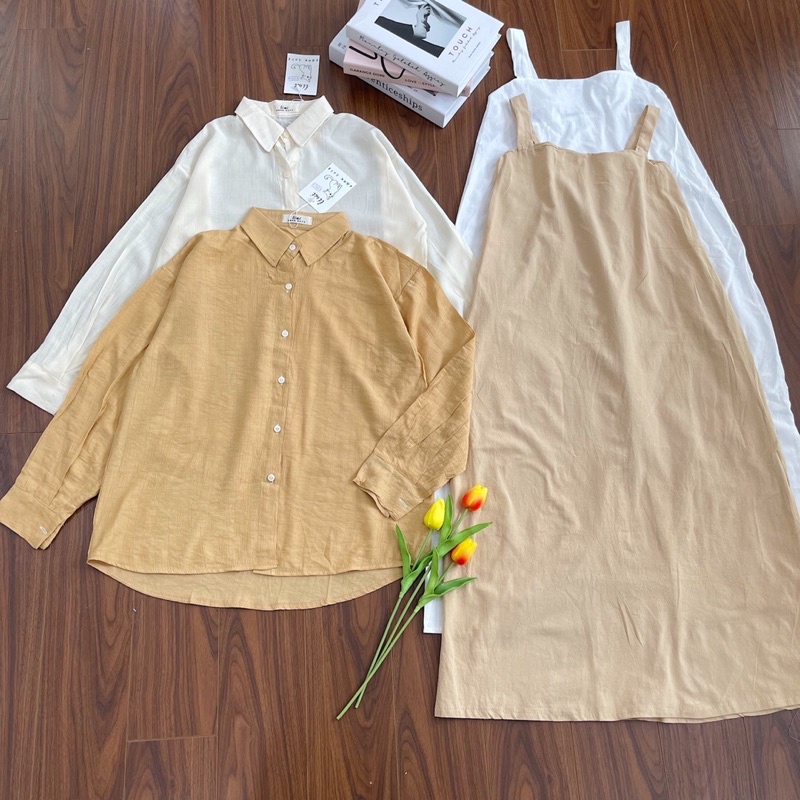 Set Đầm Midi Đũi Kèm Áo Sơ Mi 2Màu