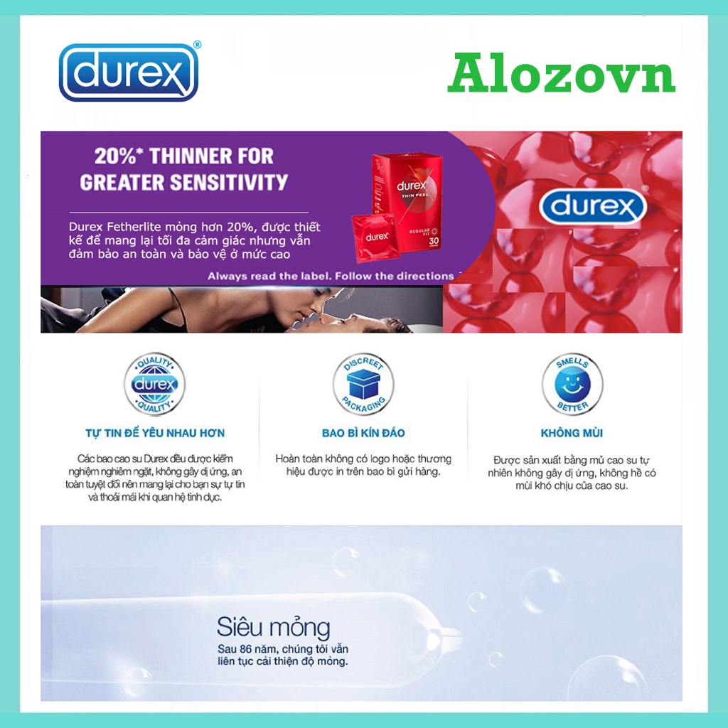 Bao Cao Su Durex Fetherlite của Úc siêu mỏng hộp 30 chiếc