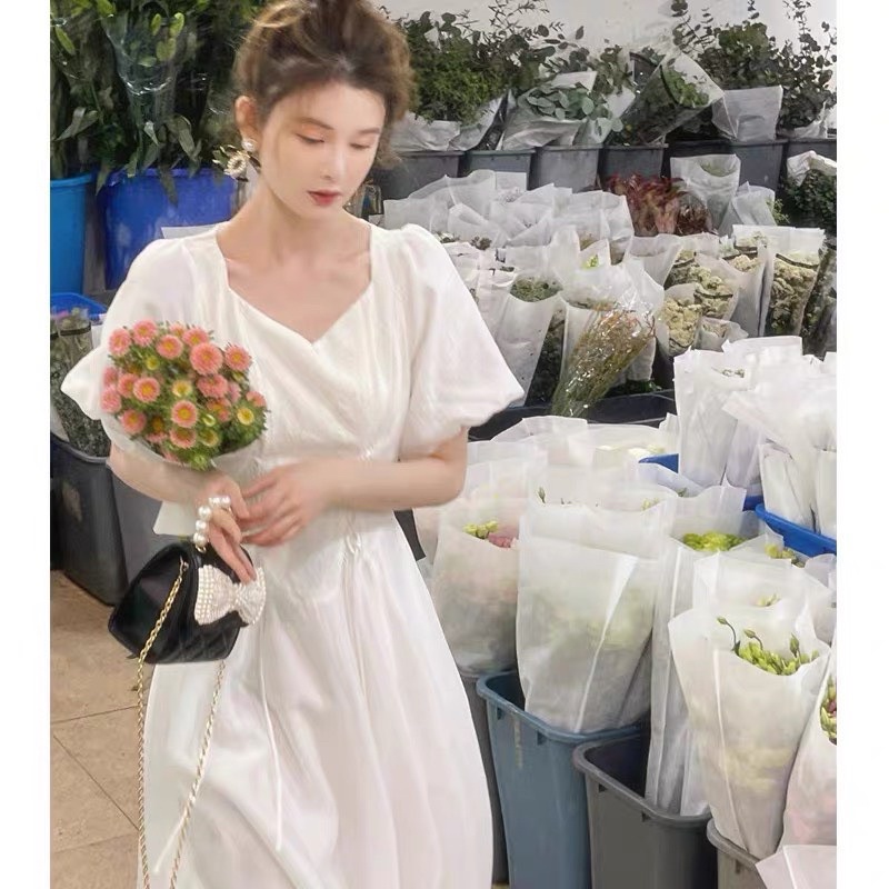 ĐẦM MIDI HOA ẨN CỔ V ĐAN 2 BÊN EO TAY BỒNG