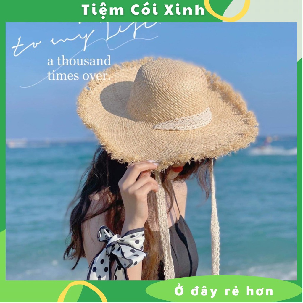 Mũ Cói Đi Biển Vành Rộng Tua Rua Vintage Thắt Dây Xinh Xắn Tạo Hiệu Ứng Thon Gọn Mặt
