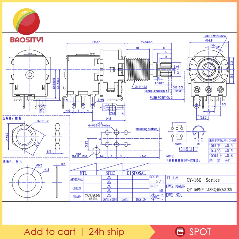 Set 2 Chiết Áp Dpdt A500K B500K Cho Đàn Guitar Bass