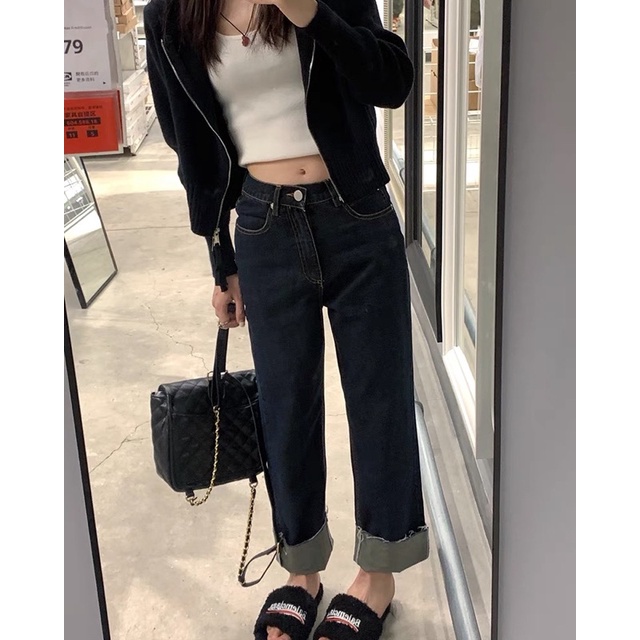 1600 | Quần Bò Jeans Suông Baggy Dáng Đứng Gập Rách Gấu Màu Đen Xám Xanh Thiết Kế Đơn Giản