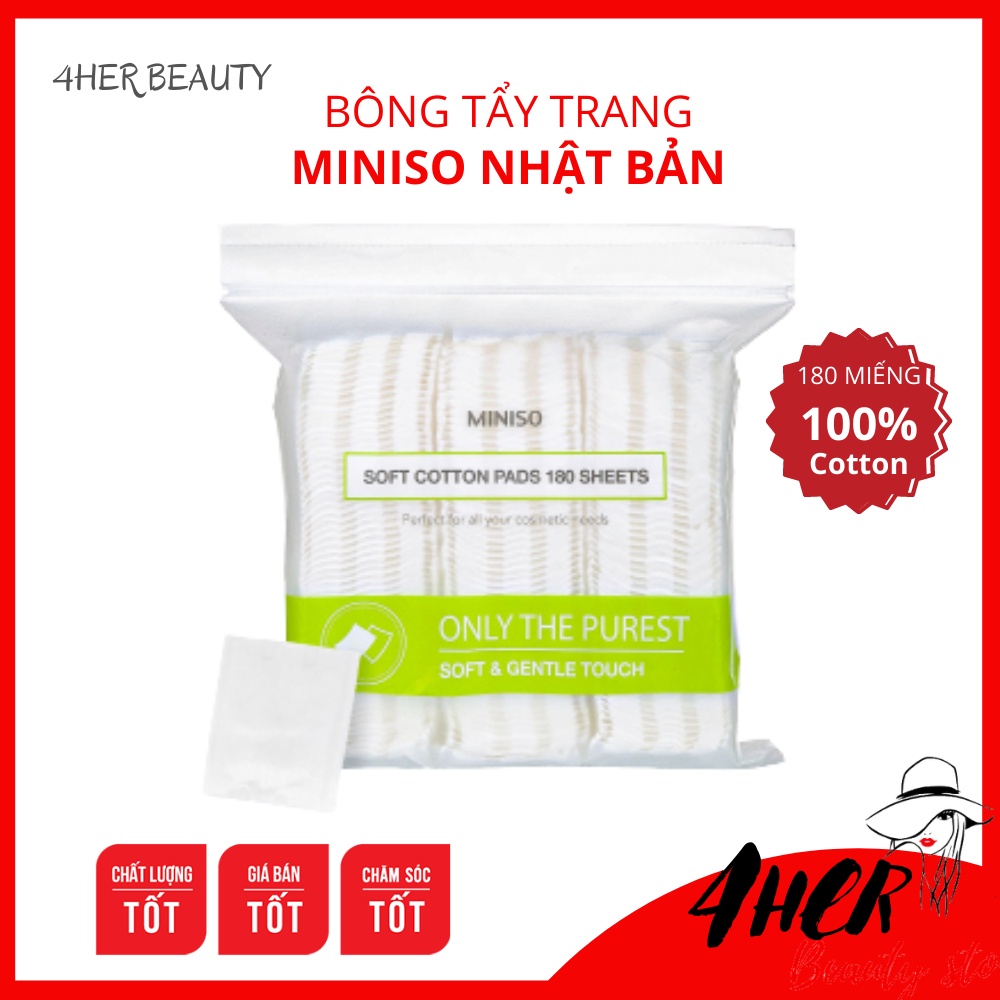 Bông tẩy trang, khăn tẩy trang Miniso Nhật Bản 180 miếng, 100% cotton, thấm hút dai mềm mịn