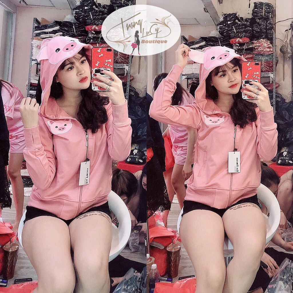 ÁO KHOÁC NỮ CÓ NÓN HÌNH MẶT HEO SIÊU CUTE