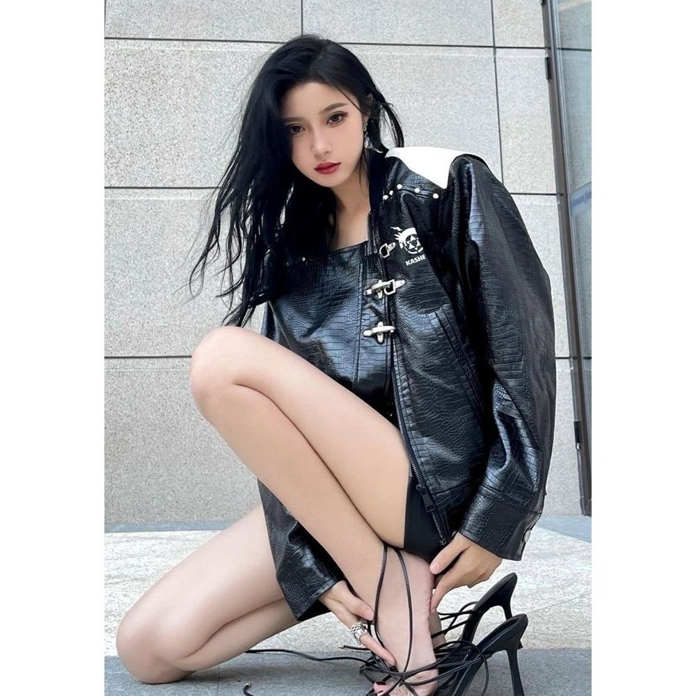 Áo Khoác Da Dáng Ngắn Phối Màu Tương Phản Thời Trang Đường Phố Cá Tính Cho Nữ