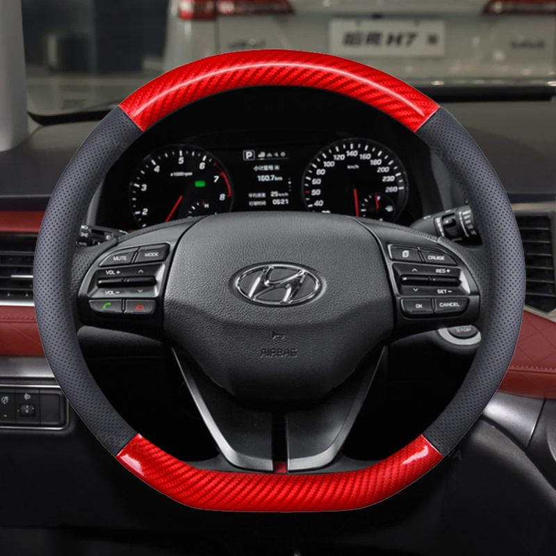 Bọc Vô Lăng Xe Hơi Bằng Da Sợi Carbon Chống Trượt 38cm Cho Hyundai i30 kona i10 i35 elantra santa fe