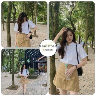 Set Sơ Mi Cộc Tay Kèm Chân Váy Ngắn Phối Túi Hộp Nữ - Rere.Store [FREESHIP] - Combo váy suông màu be áo sơ mi bánh bèo