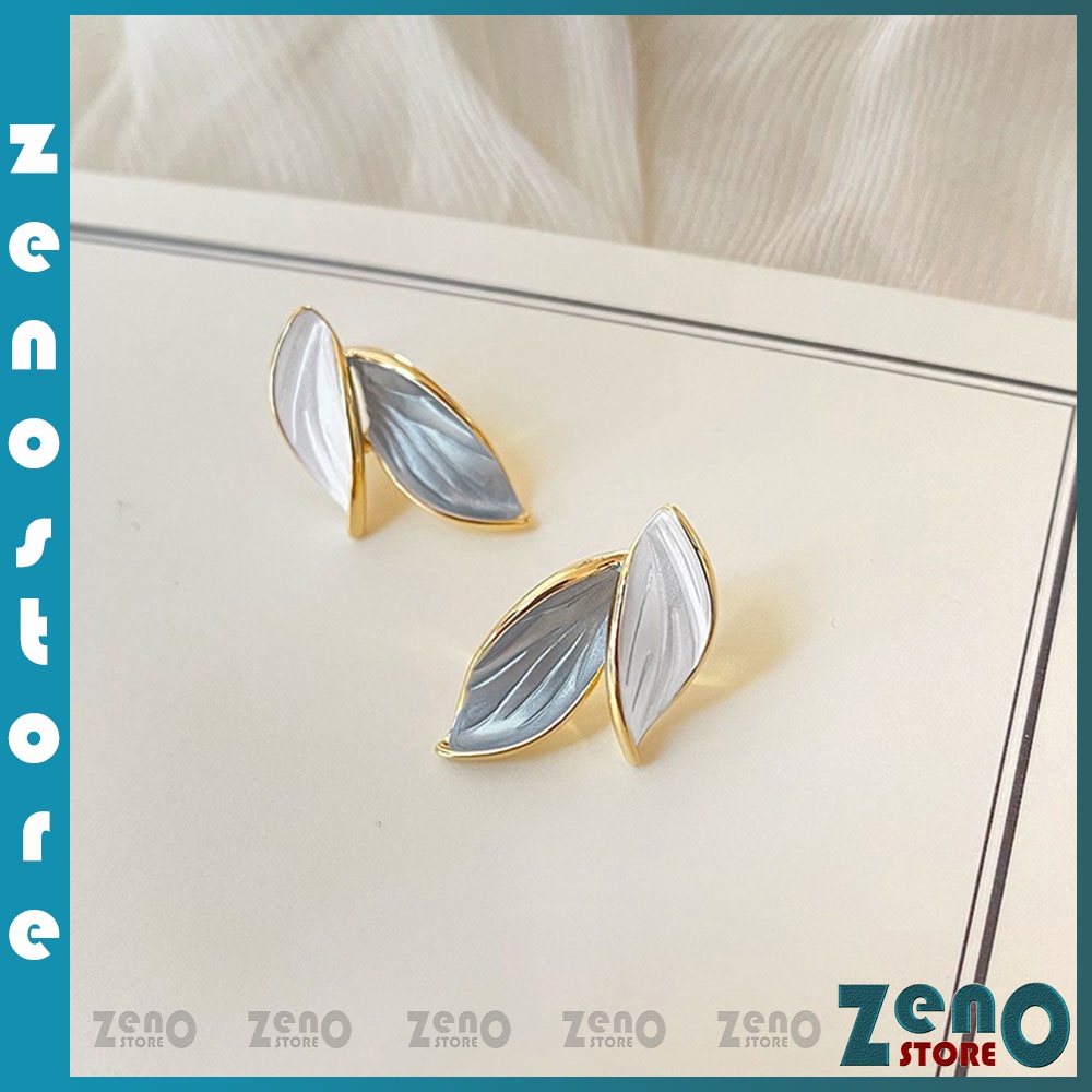 Khuyên tai ZenO KT13 chiếc lá cuối thu màu xanh trắng tương phản cực chất