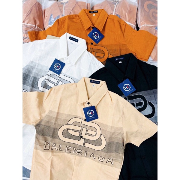 Áo sơ mi nam nữ ngắn tay chất liệu vải đũi in chữ BURB, BALEN, phong cách thời trang công sở tinh tế và sang trọng