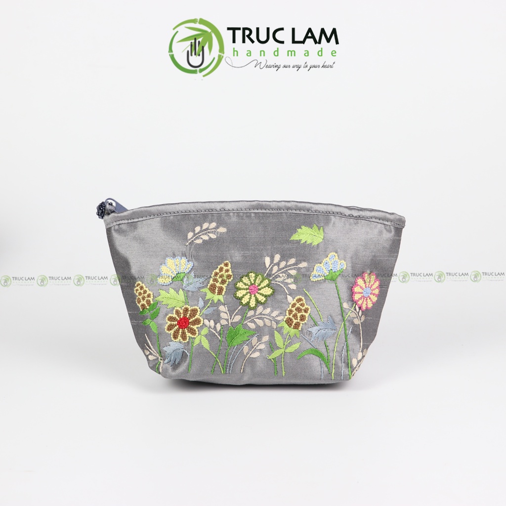 Ví Cầm Tay Nữ Vải Tafta Họa Tiết Hoa Cỏ Thêu Tay 2 Mặt - Trúc Lâm Handmade
