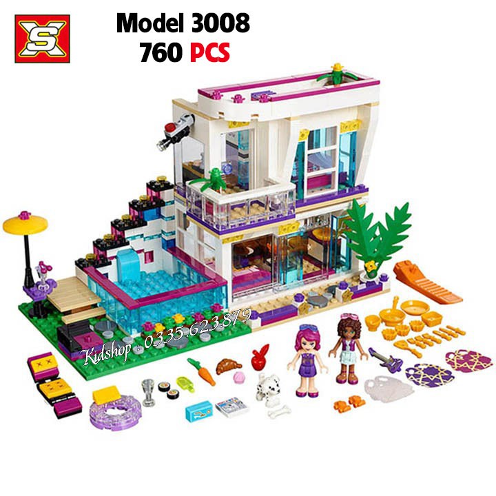 (sẵn) Bộ Đồ Chơi Lắp Ghép Kiểu LEGO Mô Hình Nhà Biệt Thự Friends XS Model 3008 Với 760 Chi Tiết