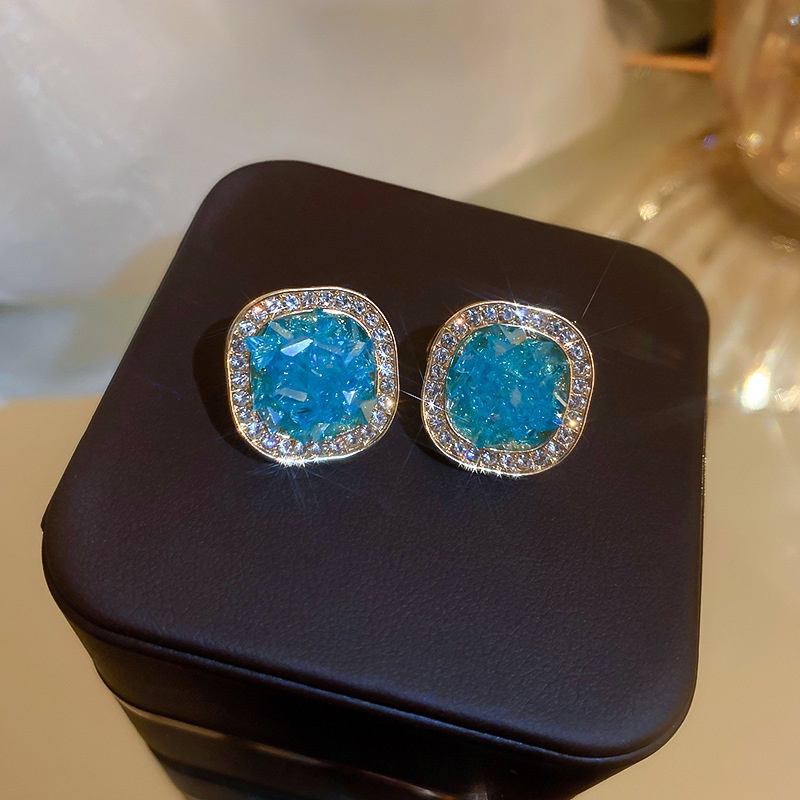 Bông Tai Mạ Bạc 2022 Đính Đá Zircon Hình Vuông Màu Xanh Dương