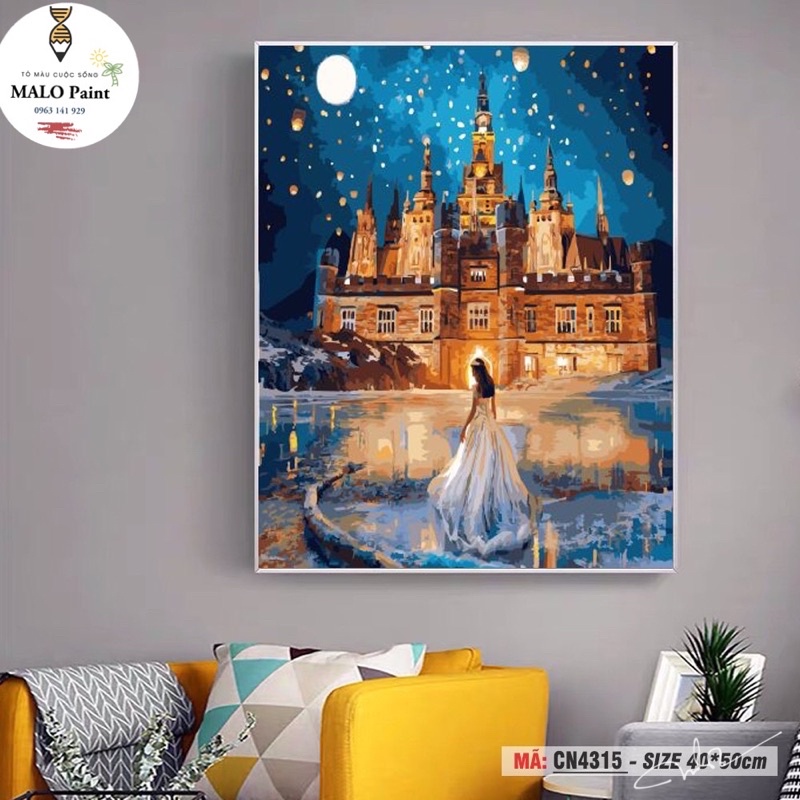 Tranh sơn dầu số hoá tự tô màu Tranh cô gái dưới lâu đài