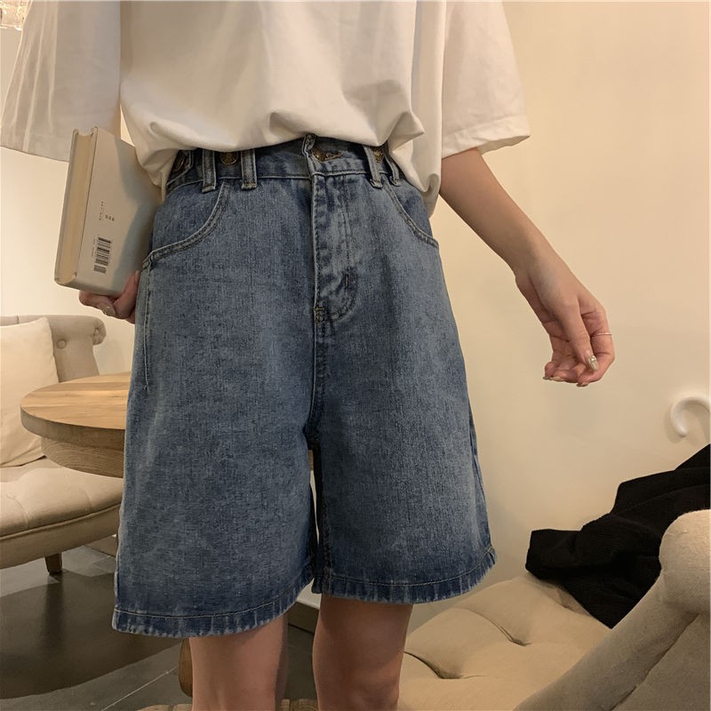 Xiaozhainv Quần đùi denim lưng cao dáng rộng phong cách cổ điển cho nữ | BigBuy360 - bigbuy360.vn