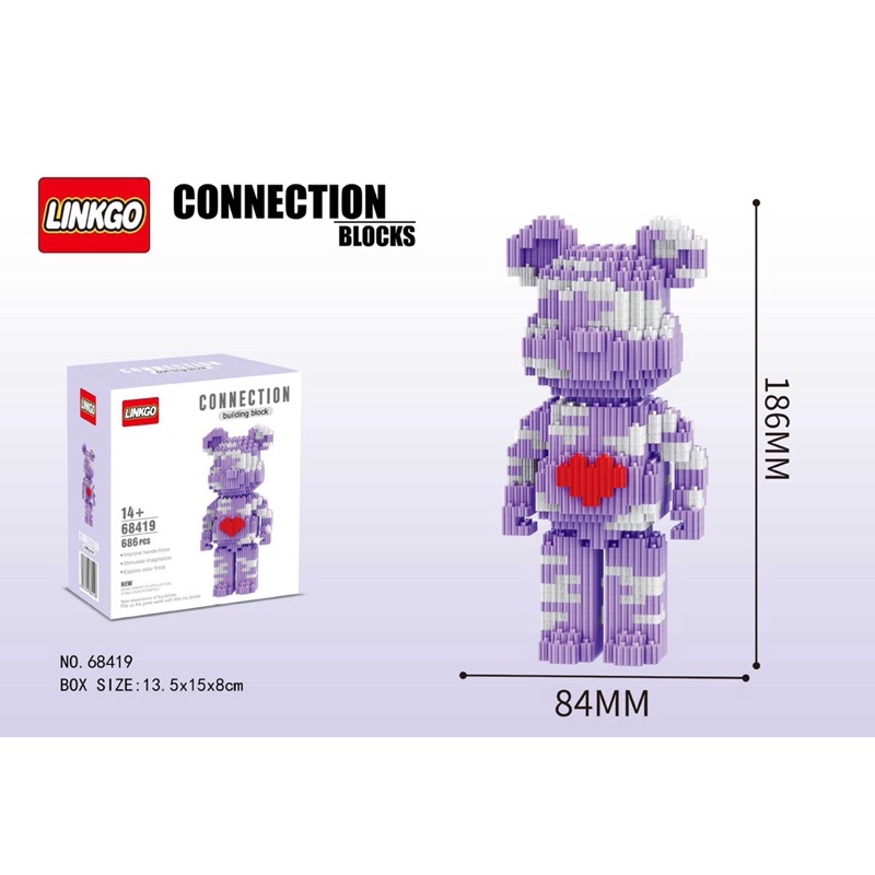 Xếp hình le go Gấu Bearbrick 19cm Đồ chơi lắp ráp mô hình bear brick 3D dễ thương .