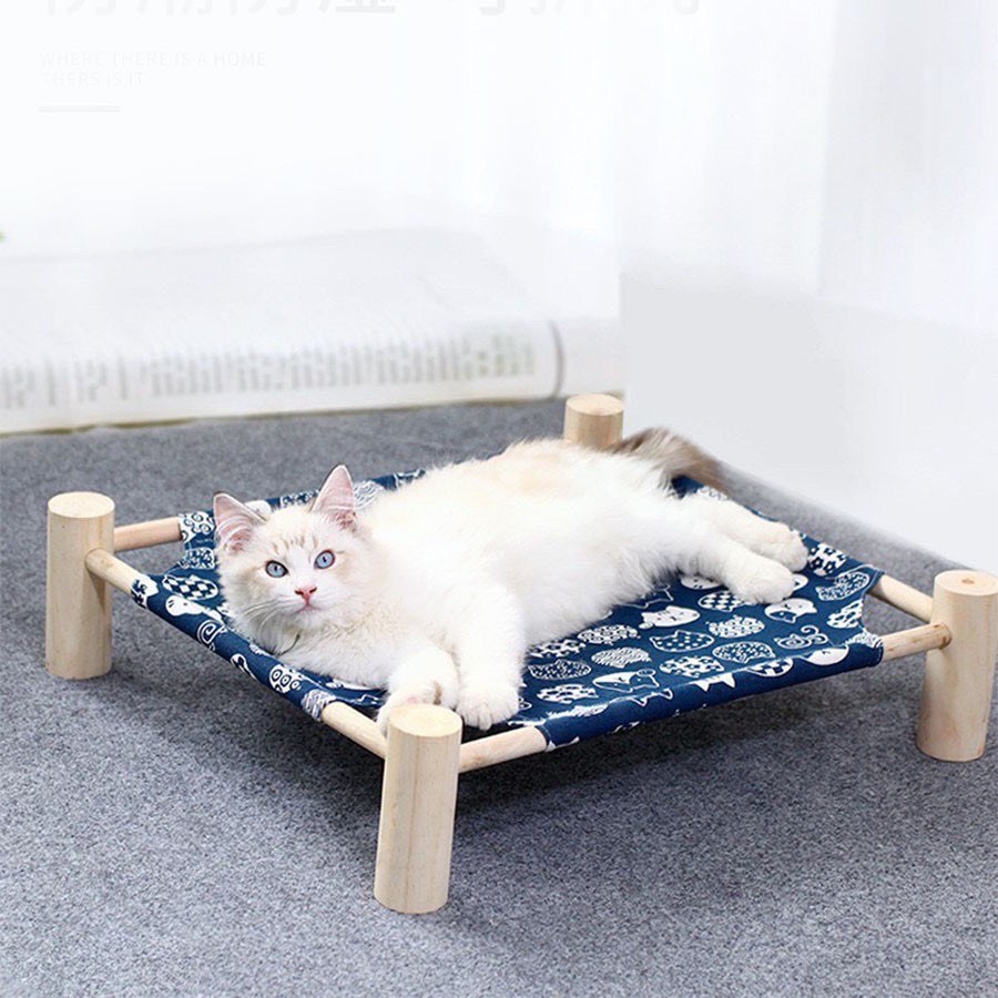 Giường cho thú cưng khung gỗ vải dệt thoáng khí, giường gỗ cho chó mèo