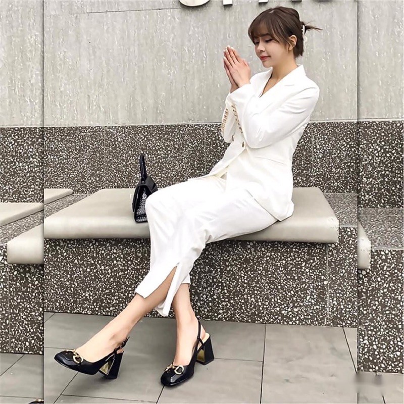 [Sỉ giày vnxk] Giày cao gót mũi vuông tag khoá Gucc hở gót cao 7cm cực chảnh
