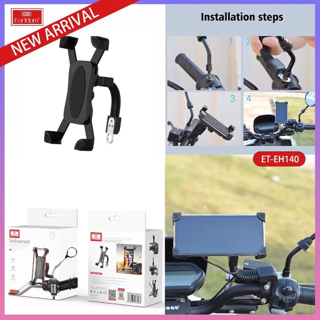 Kẹp Điện Thoại Chân Gương Xe Máy Earldom ET-EH140, khả năng quay 360 độ, thích hợp cho điện thoại từ 3.5inch-6.5inch.