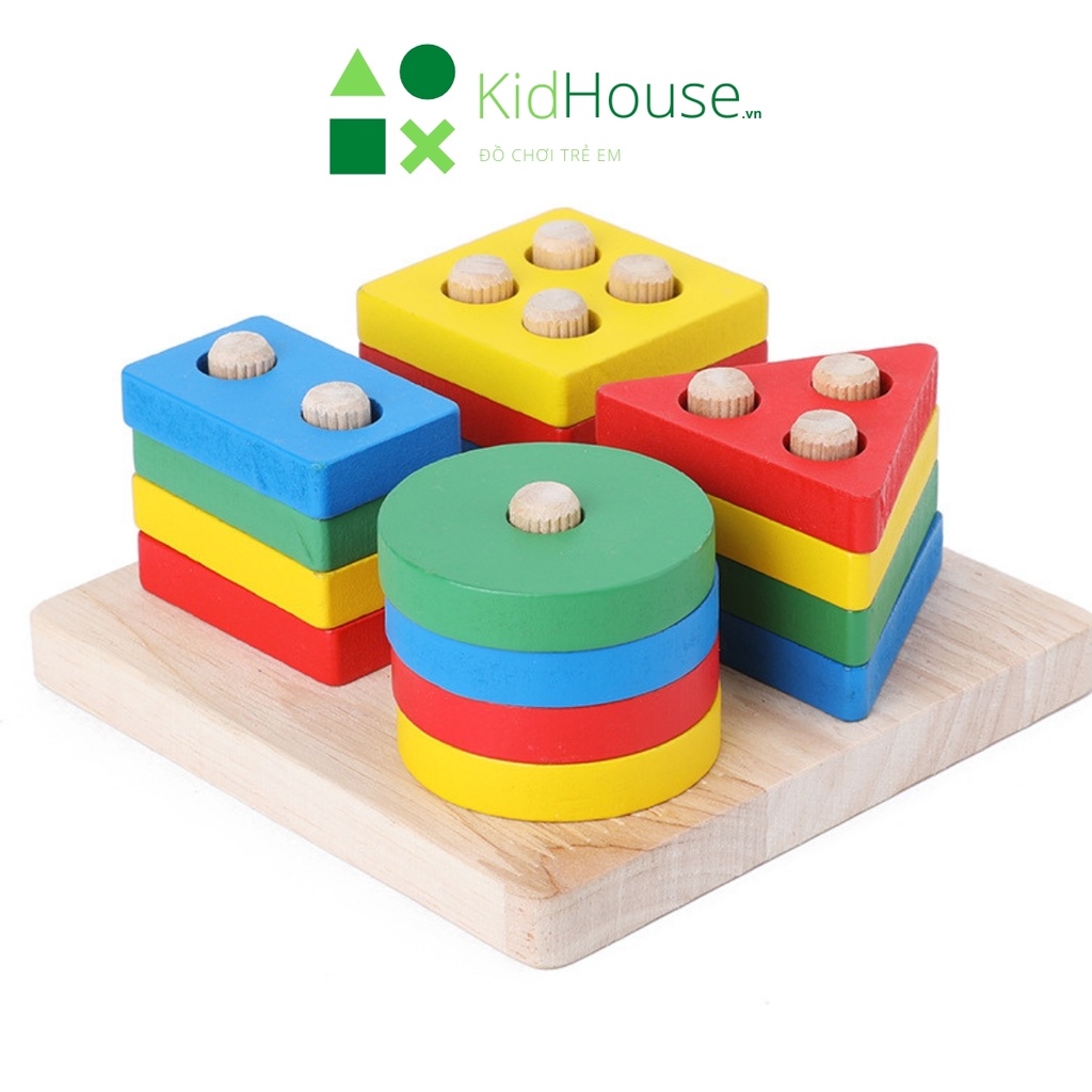 Đồ chơi gỗ thông minh cho bé montessori, bộ thả hình khối 4 trụ thương hiệu KidHouse.vn