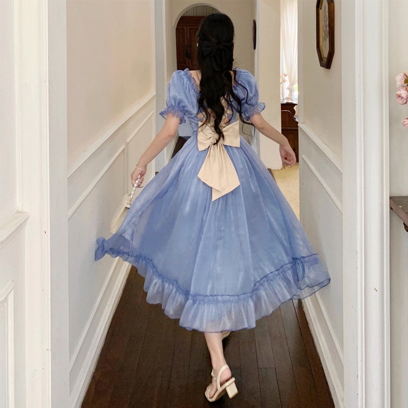 Women's French dress specially designed back bow waist tight court style first love skirt retro gentle