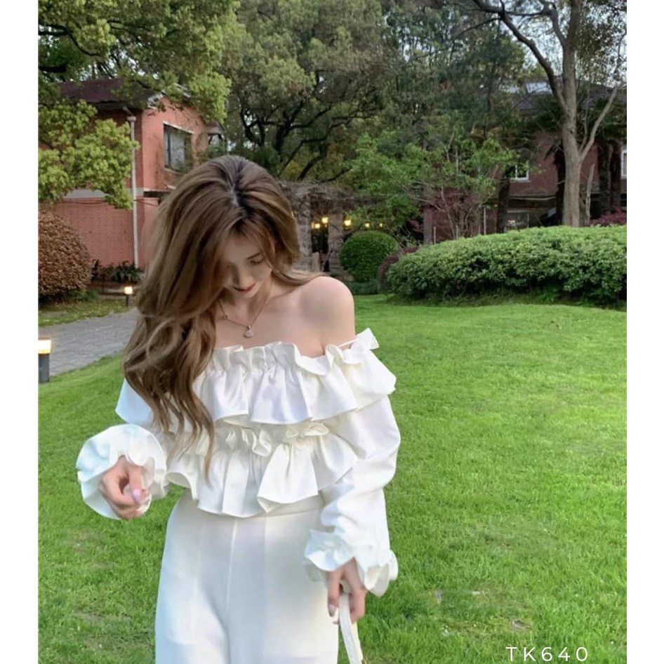 [Ảnh thật] Áo crop trễ vai bèo nhún tay dài croptop tiểu thư xinh xắn dạo phố du lịch cực kool