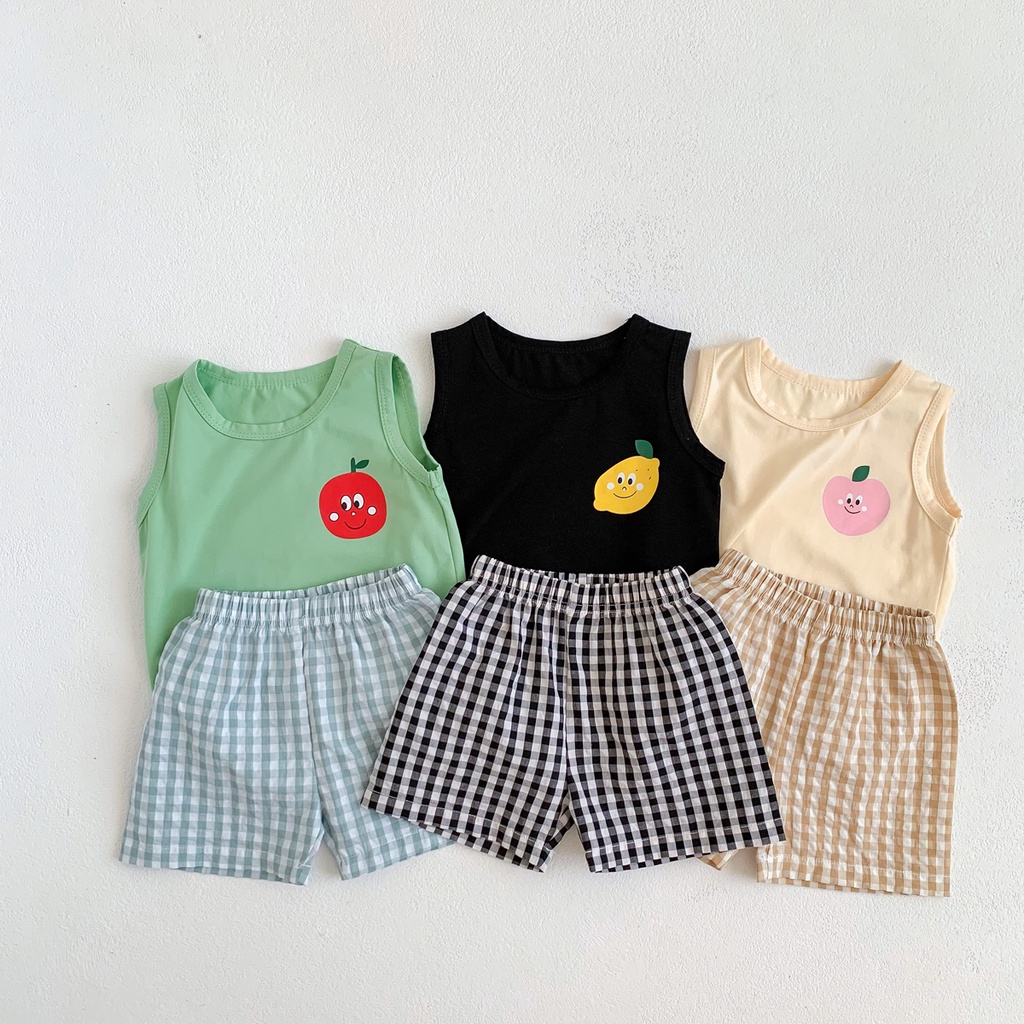 Set Áo Thun Tay Ngắn In Hình Trái Cây + Quần Short Kẻ Sọc Ca Rô Thời Trang Mùa Hè Cho Bé