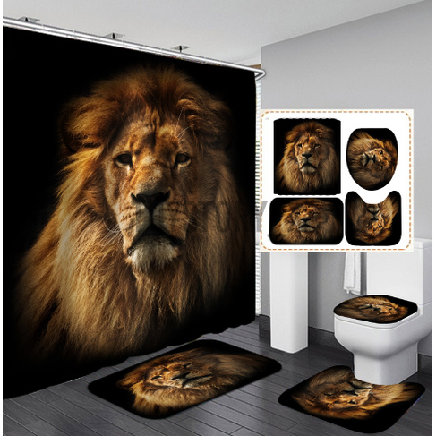 Lion Animal Shower Curtain Bath Pad Pedestal Rug Lid Toilet Mat Cover