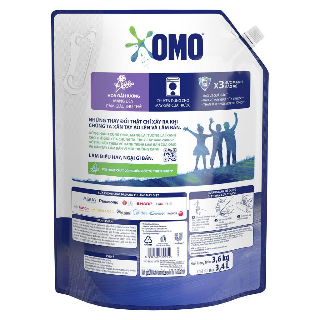 Combo 2 Túi Nước giặt OMO Matic chuyên dụng Cửa Trước Lavender Khử Mùi Thư Thái 3.6kg