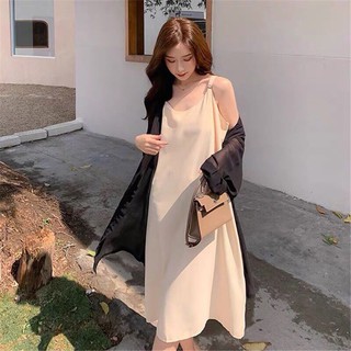 Váy 2 dây, đầm xuông - chất đũi lụa trơn basic nữ