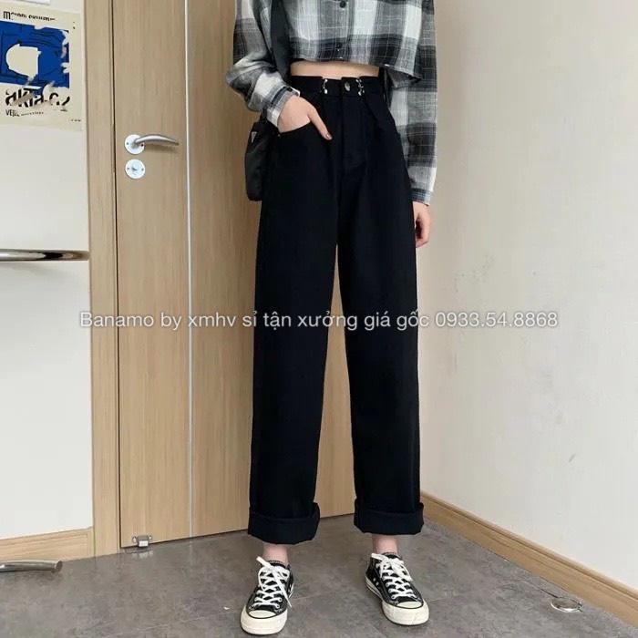 Quần jean nữ phối khuy gài eo cạp cao phong cách Ulzzang Hàn Quốc thời trang Banamo Fashion quần jean nữ cài eo 969