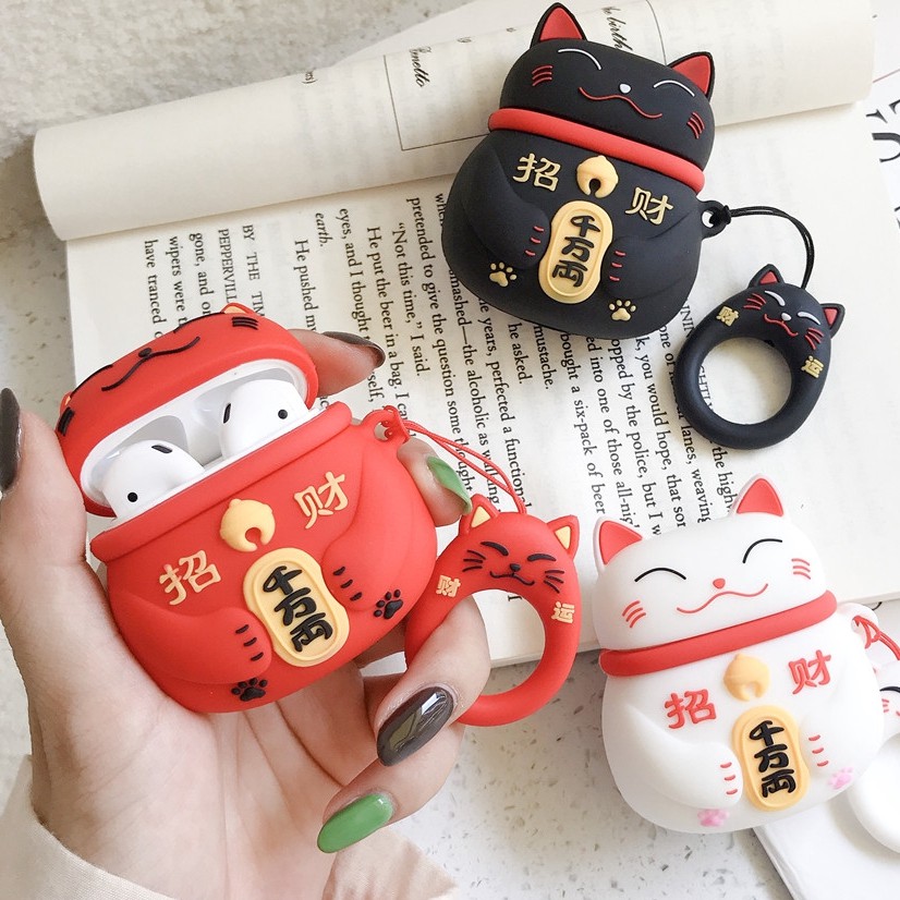 Case bao airpod silicon 1 2 PRO 3 MÈO THẦN TÀI MANG MAY MẮN tặng kèm móc sắt