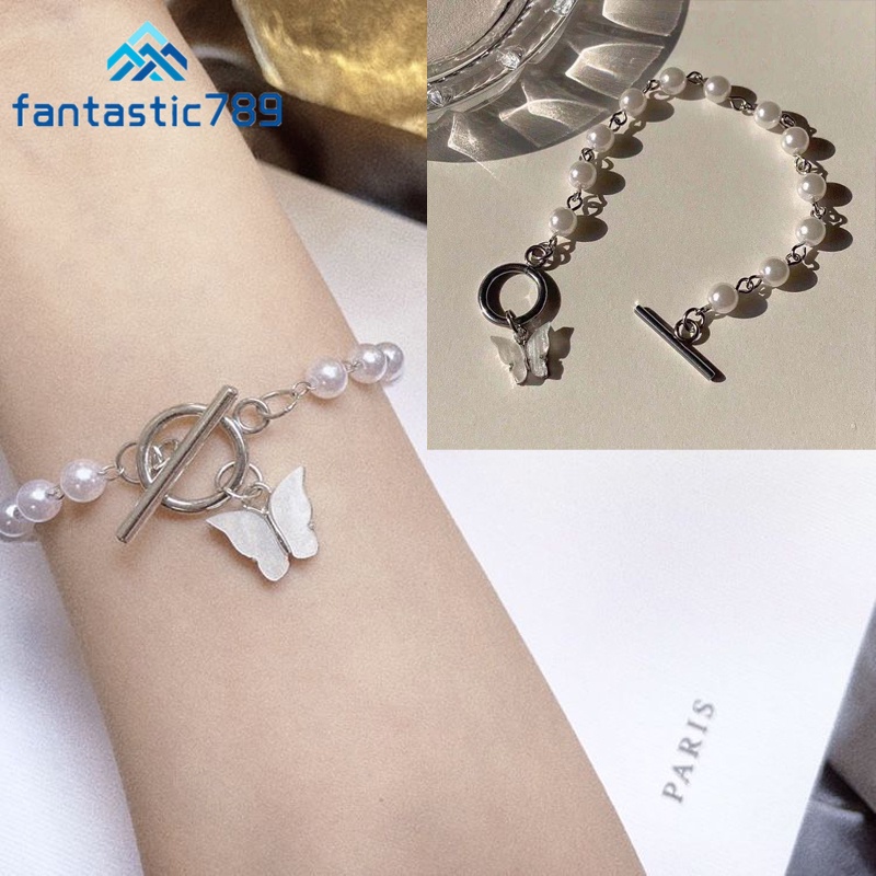 Vòng Tay Mạ Bạc Phối Hạt Ngọc Trai Hình Bướm Thời Trang Cho Nữ Fantastic789