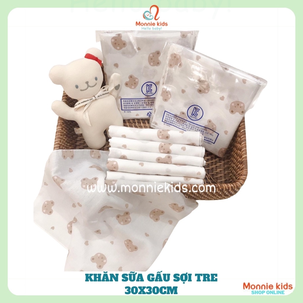 Set 10 khăn sữa gấu sợi tre 30x30cm, set khăn sữa Hàn Quốc họa tiết cho trẻ - Monnie Kids