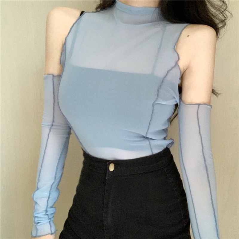 Áo lưới cổ lọ xuyên thấu phong cách sexy rớt vai tay dài phù hợp cho ngày hè - hàng QC - Nàng Closet