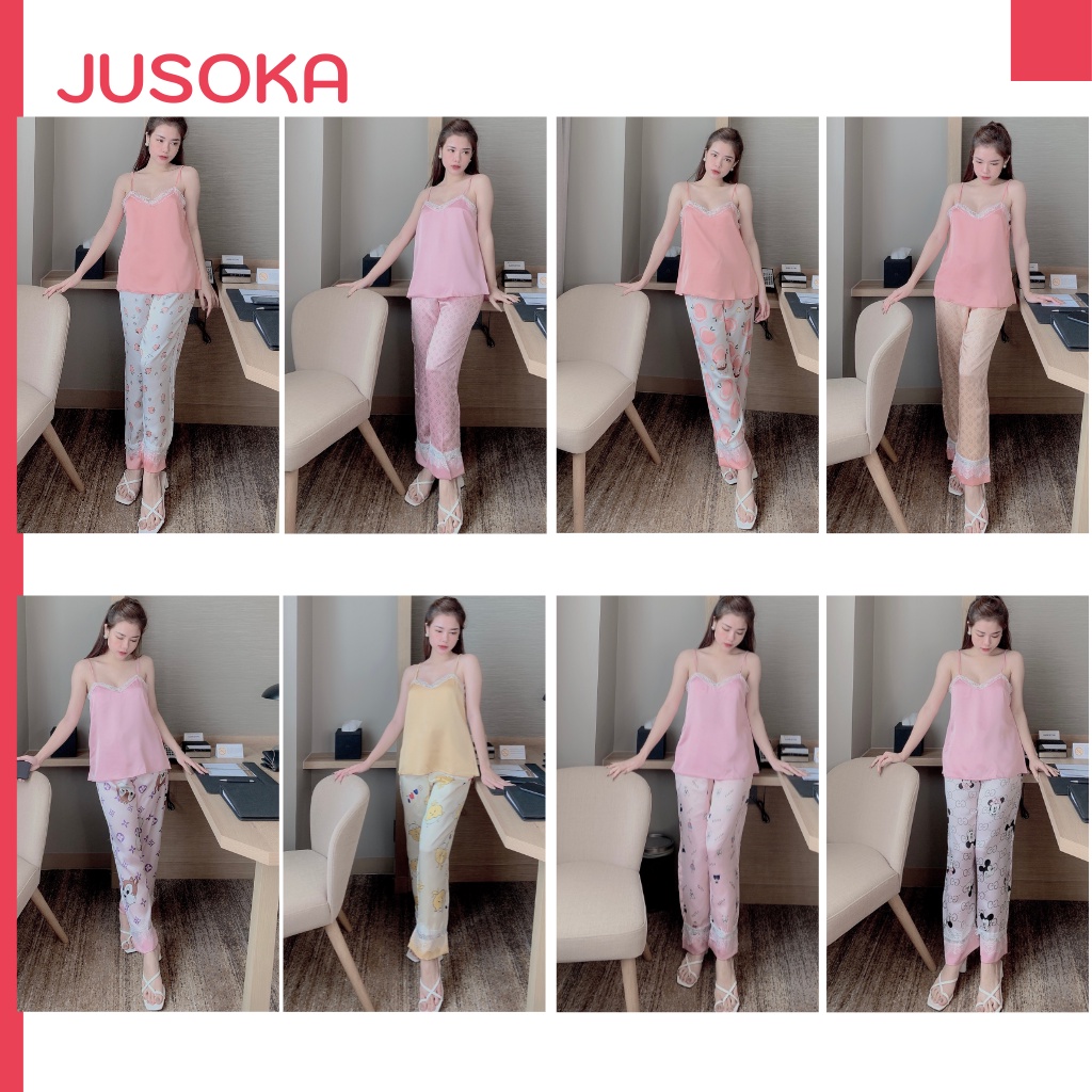 Đồ ngủ sexy nữ cute pijama bộ 2 dây lụa quần dài mặc nhà JUSOKA