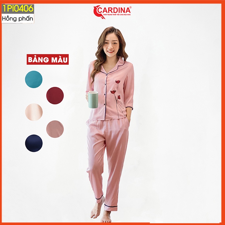 Đồ bộ pijama nữ CARDINA chất lụa satin Nhật cao cấp quần dài áo tay lỡ hoạ tiết hoa tuylip nhẹ nhàng 1Pi04.