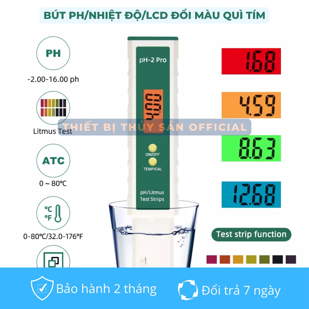 BÚT ĐO PH 2IN1 (pH và nhiệt độ) - ĐÈN NỀN ĐỔI MÀU THEO QUÌ TÍM (TẶNG KÈM GIẤY QUÌ TÍM)