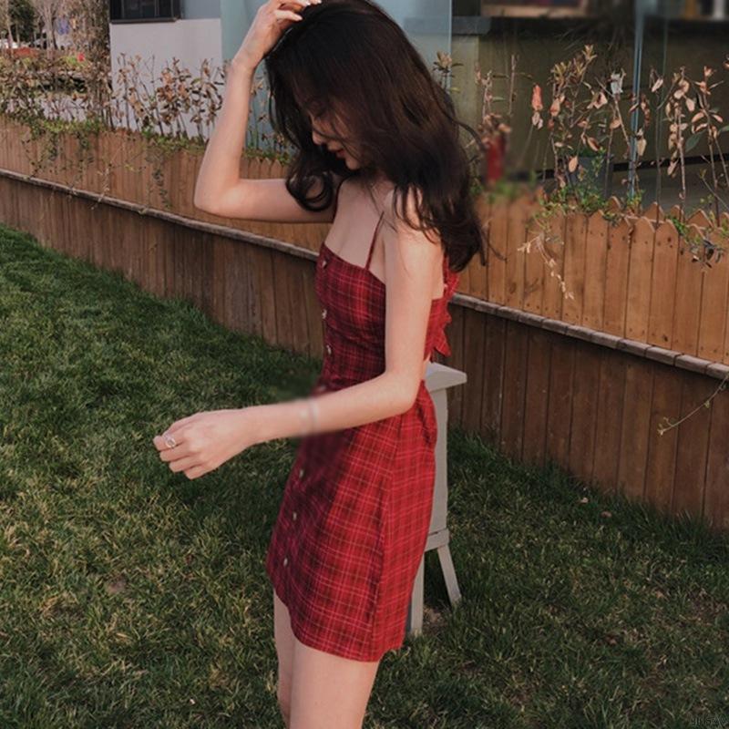 Đầm Ôm Hai Dây Hoạ Tiết Sọc Ca-rô Phong Cách Hàn Quốc Dễ Thương