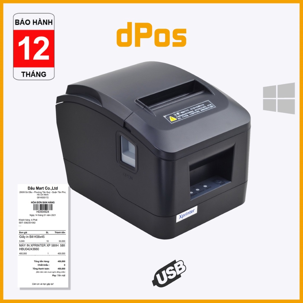 Máy in hoá đơn K80 dPos S200ii - D200N - K200L USB in bill tính tiền sử dụng giấy in 80mm tính năng cắt giấy tự động